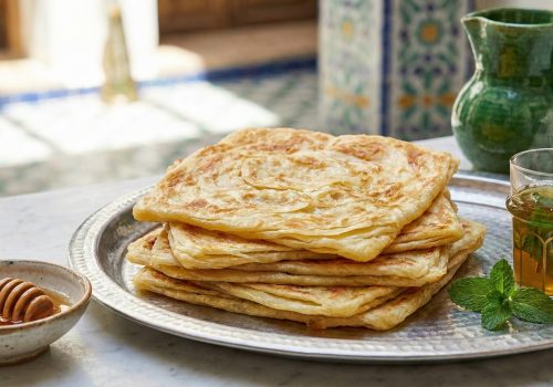 A stack of square, golden-brown Moroccan Msemen flatbreads showing flaky layers, served on a silver tray with a side of honey and a glass of mint tea in a sunlit Moroccan setting.