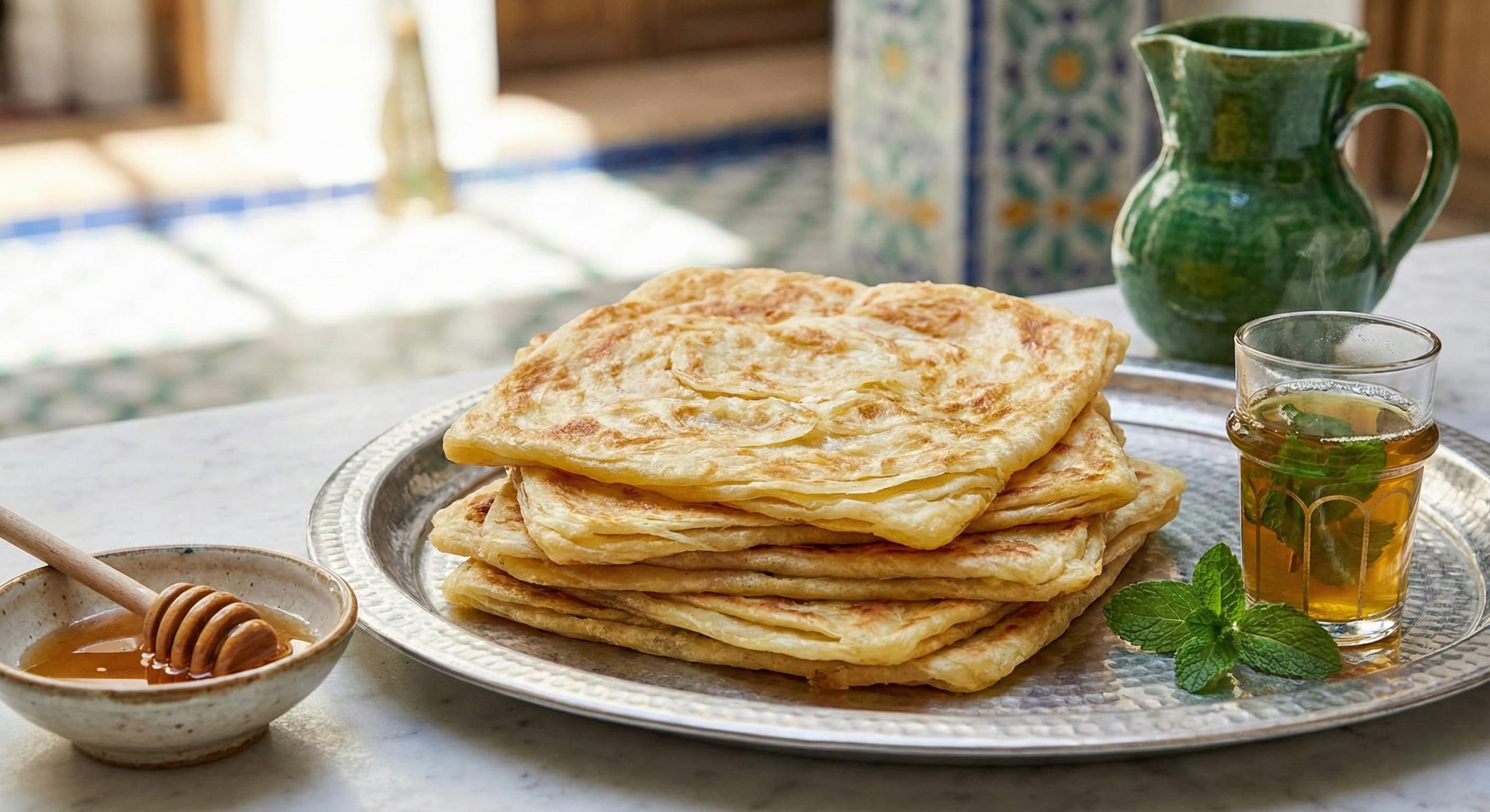 A stack of square, golden-brown Moroccan Msemen flatbreads showing flaky layers, served on a silver tray with a side of honey and a glass of mint tea in a sunlit Moroccan setting.