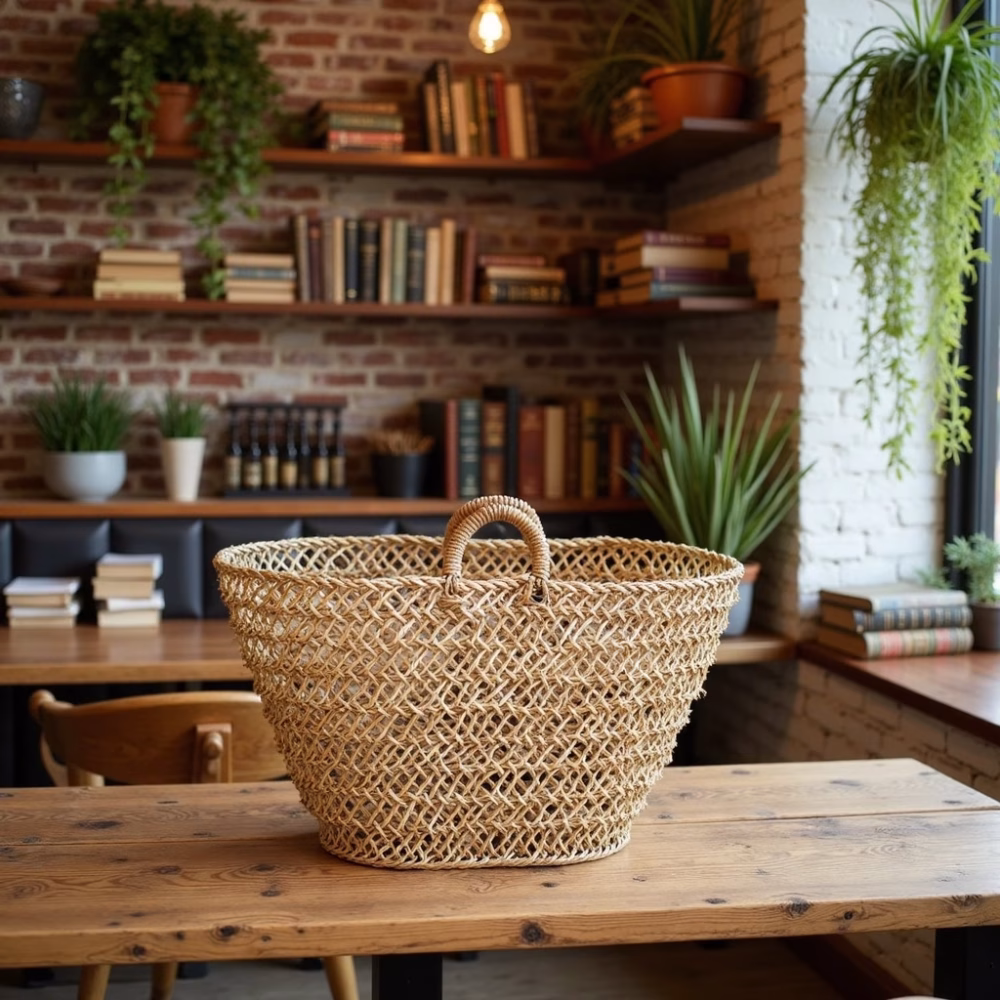 Handwoven mesh straw shopper bag displayed in rustic home setting with plants
