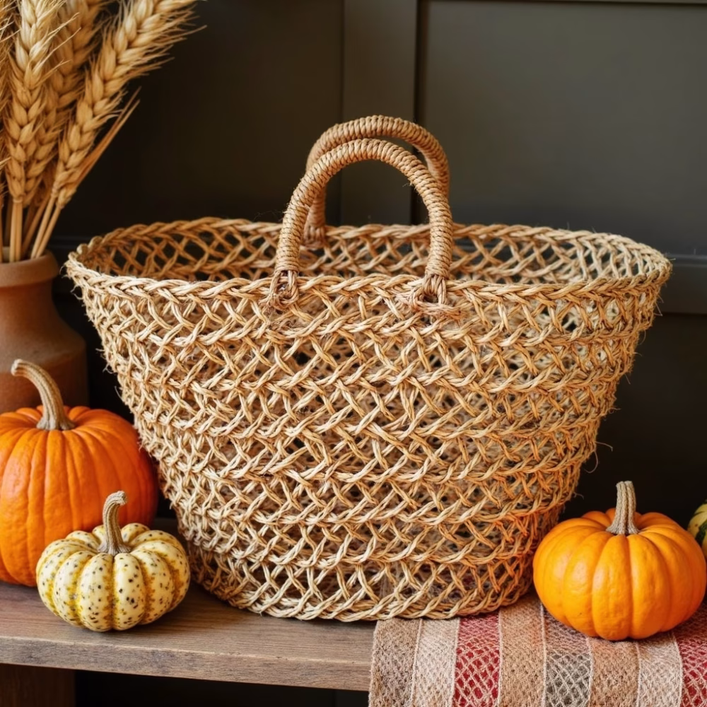 Seasonal styling of mesh straw shopper bag with autumn pumpkins