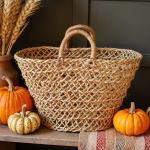 Seasonal styling of mesh straw shopper bag with autumn pumpkins