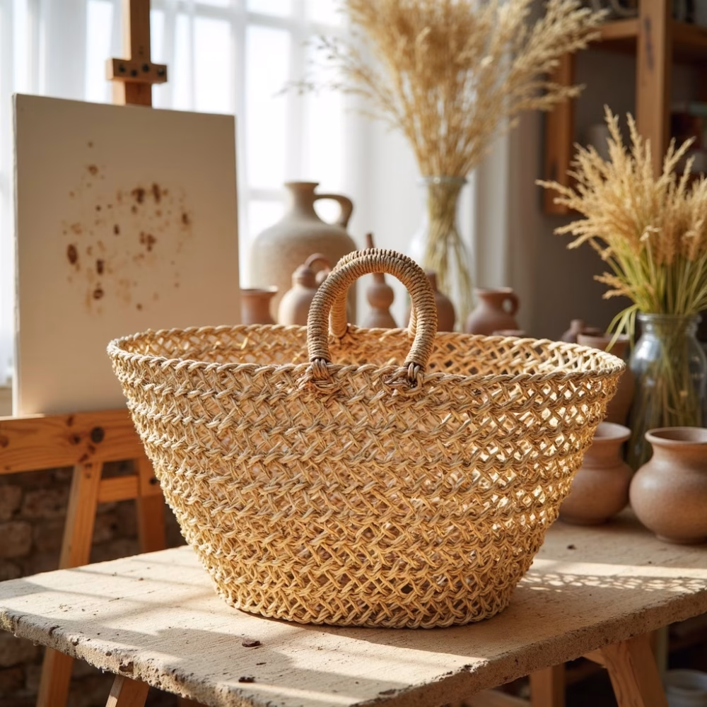 Moroccan mesh straw bag styled with dried flowers and home decor