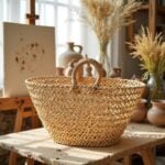 Alternate view of straw shopper bag with braided rim and open-weave diamond mesh texture