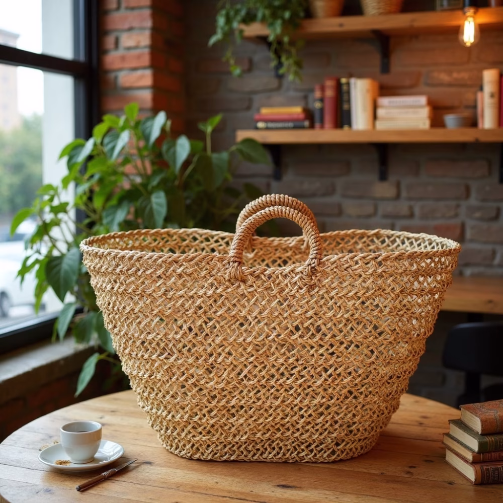 Natural beige straw shopper bag on wooden table with coffee setting