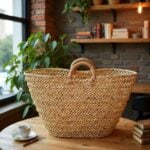 Detail of braided rim and twisted handle attachment on handwoven straw shopper bag