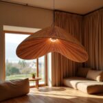 Handwoven wood pendant light creating ambient warm glow in modern living room with natural decor
