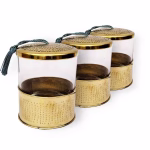 Moroccan Set of 3 Hand Hammered Glass Jars with Brass Lid - Gold & Silver