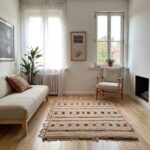 Handwoven straw rug with red star motifs in Scandinavian living room with natural wood furniture