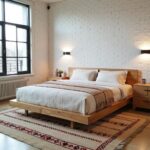Artisan straw rug with embroidered details placed beside platform bed in white brick bedroom