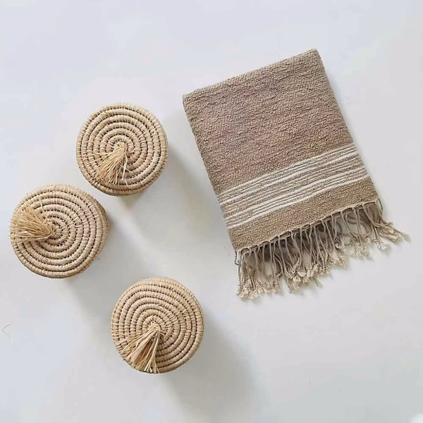 Handwoven Moroccan Raffia Bathroom Containers, Set of 3 with Lids