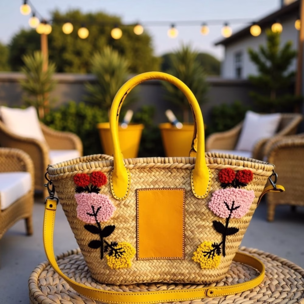 Handmade embroidered straw bag in outdoor garden setting