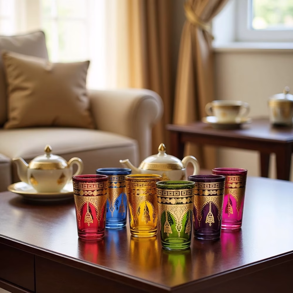 Moroccan colored tea glasses set in living room setting