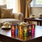 Six golden henna tea glasses on dark wood with a traditional Moroccan silver teapot