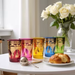 Traditional Moroccan tea service with colored glasses and pastries