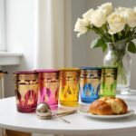 Red and teal golden henna tea glasses with pink roses and Moroccan pastries on a white table