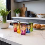 Vibrant Moroccan tea glasses displayed in kitchen setting