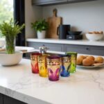 Trio of jewel-toned golden henna tea glasses with hand-painted gold filigree on marble