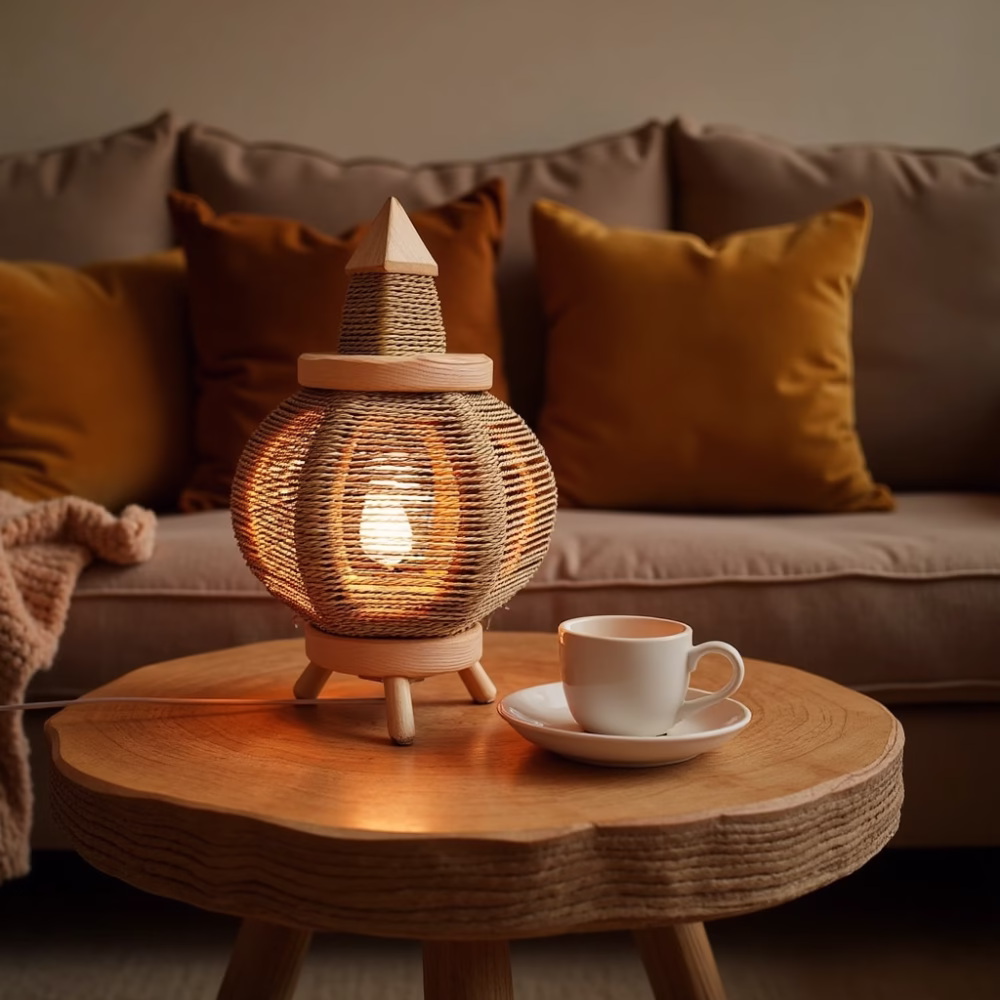 Modern living room setting with handcrafted straw table lamp