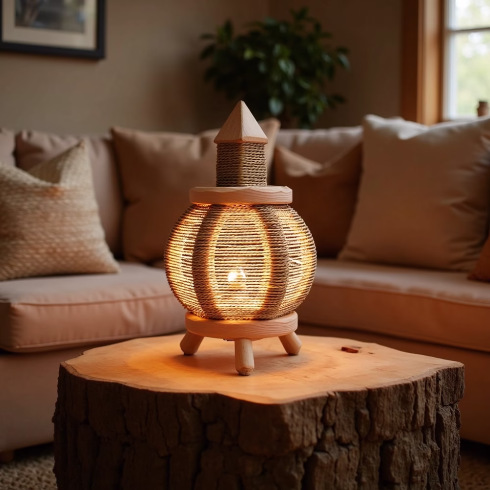 Rustic wooden table with handwoven straw lamp creating ambient lighting