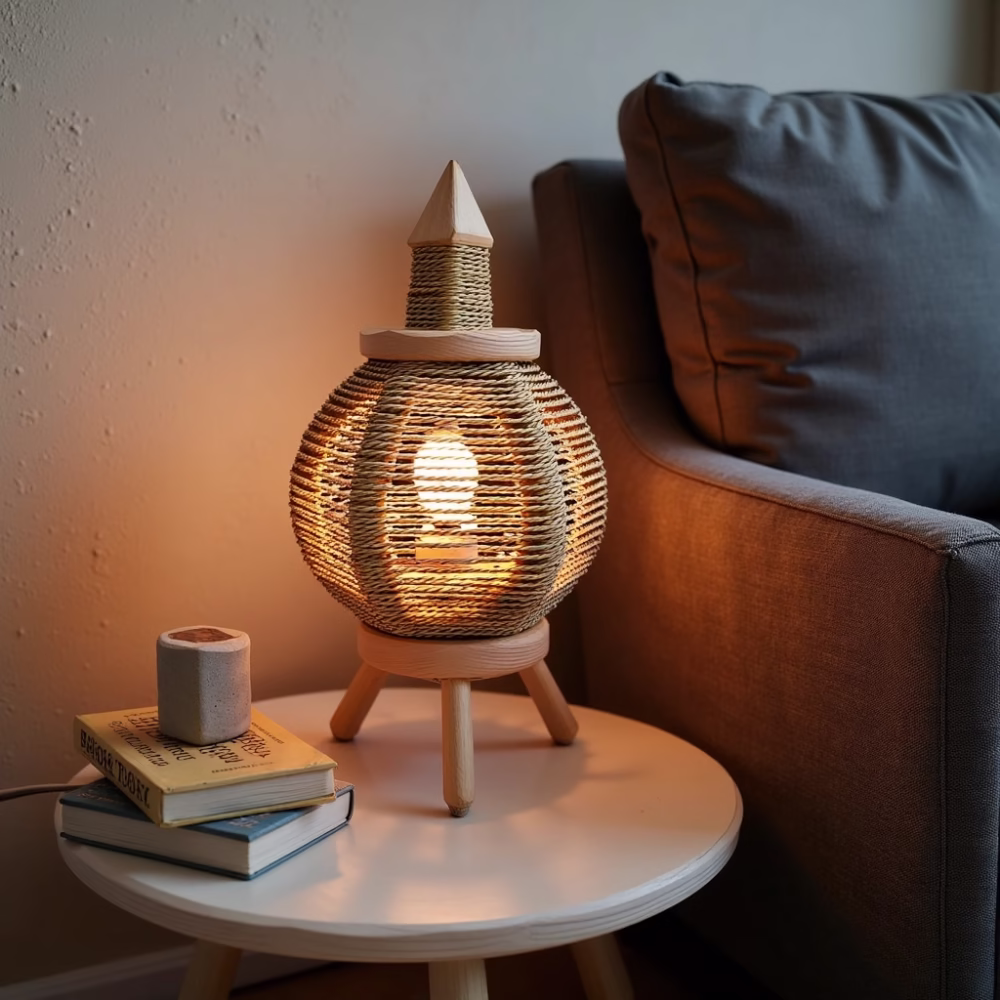 Cozy reading nook featuring artisanal straw table lamp