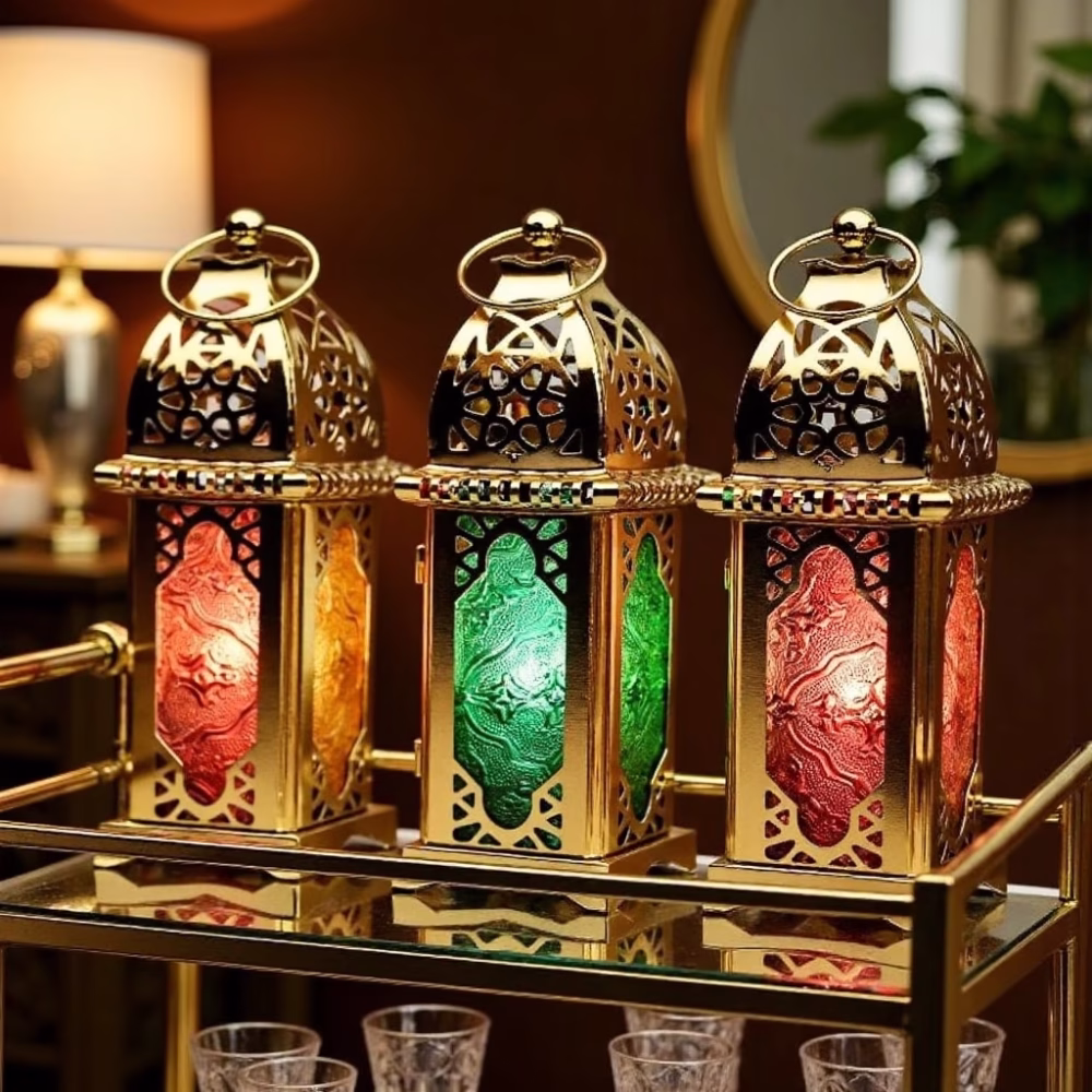 Set of 3 Moroccan Style Engraved Lantern Candle Holders in Gold Brass and Multicolor Glass
