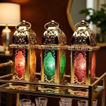Set of 3 Moroccan Style Engraved Lantern Candle Holders in Gold Brass and Multicolor Glass