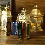 Set of 3 Moroccan Style Engraved Lantern Candle Holders in Gold Brass and Multicolor Glass