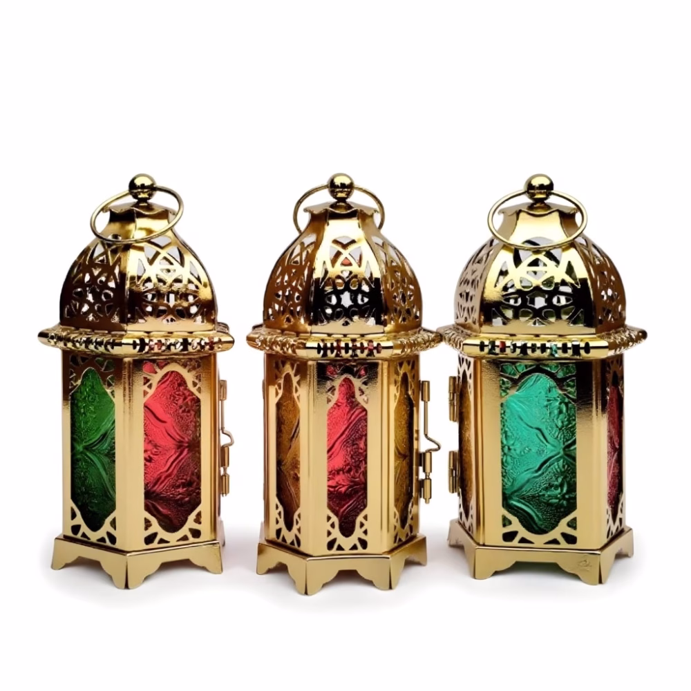 Set of 3 Moroccan Style Engraved Lantern Candle Holders in Gold Brass and Multicolor Glass