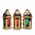 Set of 3 Moroccan Style Engraved Lantern Candle Holders in Gold Brass and Multicolor Glass
