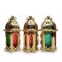 Set of 3 Moroccan Style Engraved Lantern Candle Holders in Gold Brass and Multicolor Glass