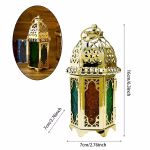 Set of 3 Moroccan Style Engraved Lantern Candle Holders in Gold Brass and Multicolor Glass