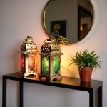 Set of 3 Moroccan Style Engraved Lantern Candle Holders in Gold Brass and Multicolor Glass