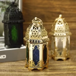 Set of 3 Moroccan Style Engraved Lantern Candle Holders in Gold Brass and Multicolor Glass