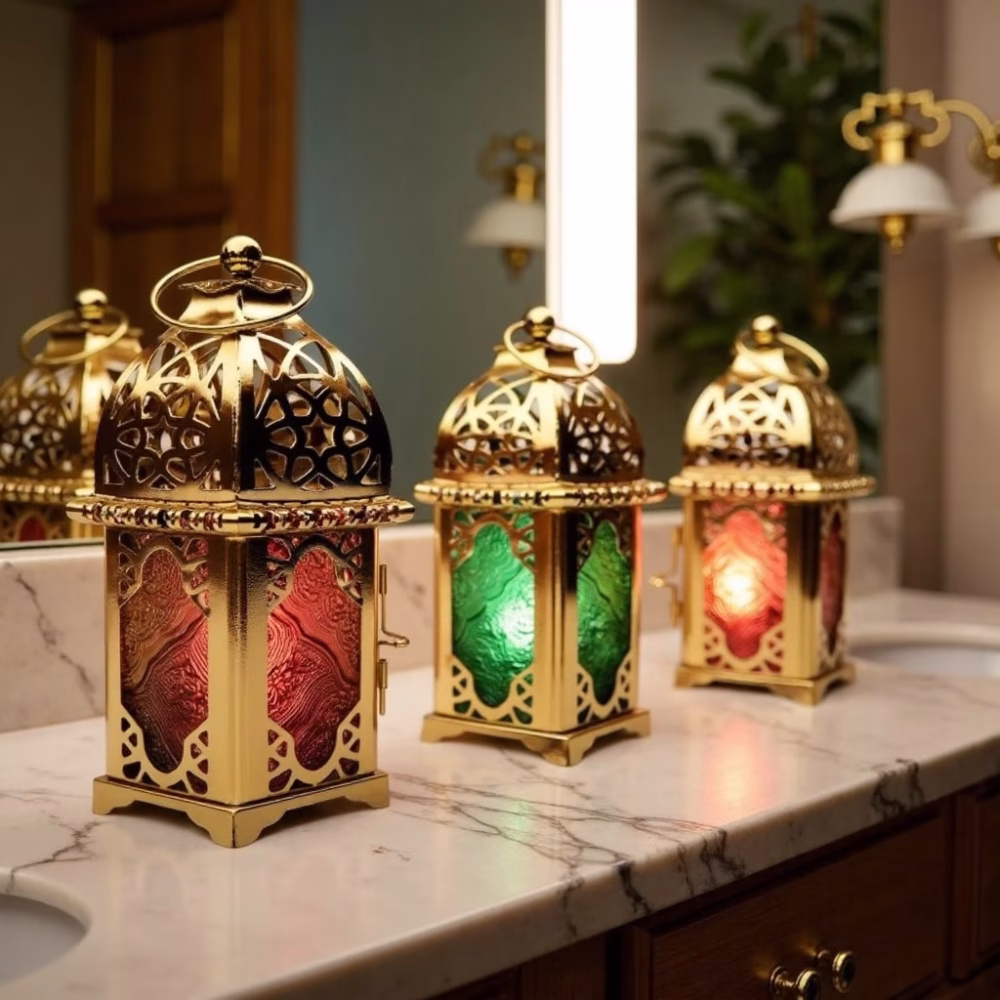 Set of 3 Moroccan Style Engraved Lantern Candle Holders in Gold Brass and Multicolor Glass