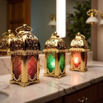 Set of 3 Moroccan Style Engraved Lantern Candle Holders in Gold Brass and Multicolor Glass