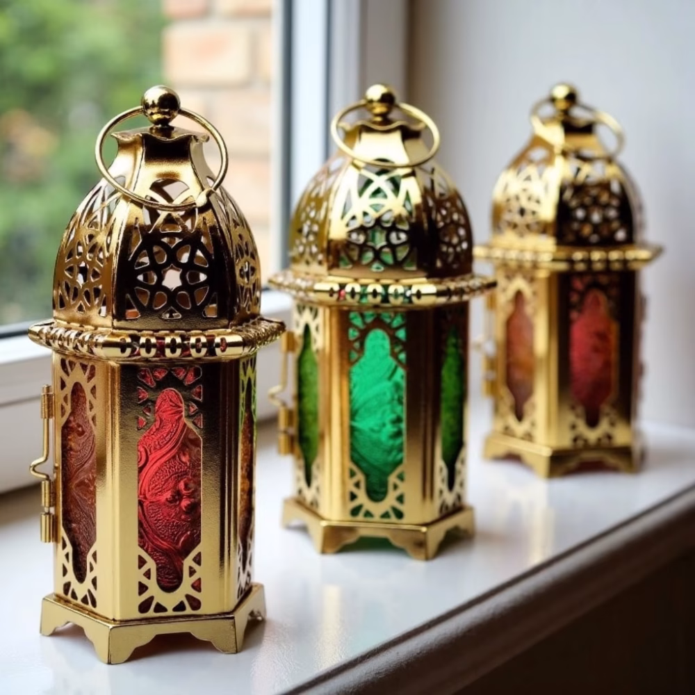 Set of 3 Moroccan Style Engraved Lantern Candle Holders in Gold Brass and Multicolor Glass