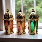 Set of 3 Moroccan Style Engraved Lantern Candle Holders in Gold Brass and Multicolor Glass