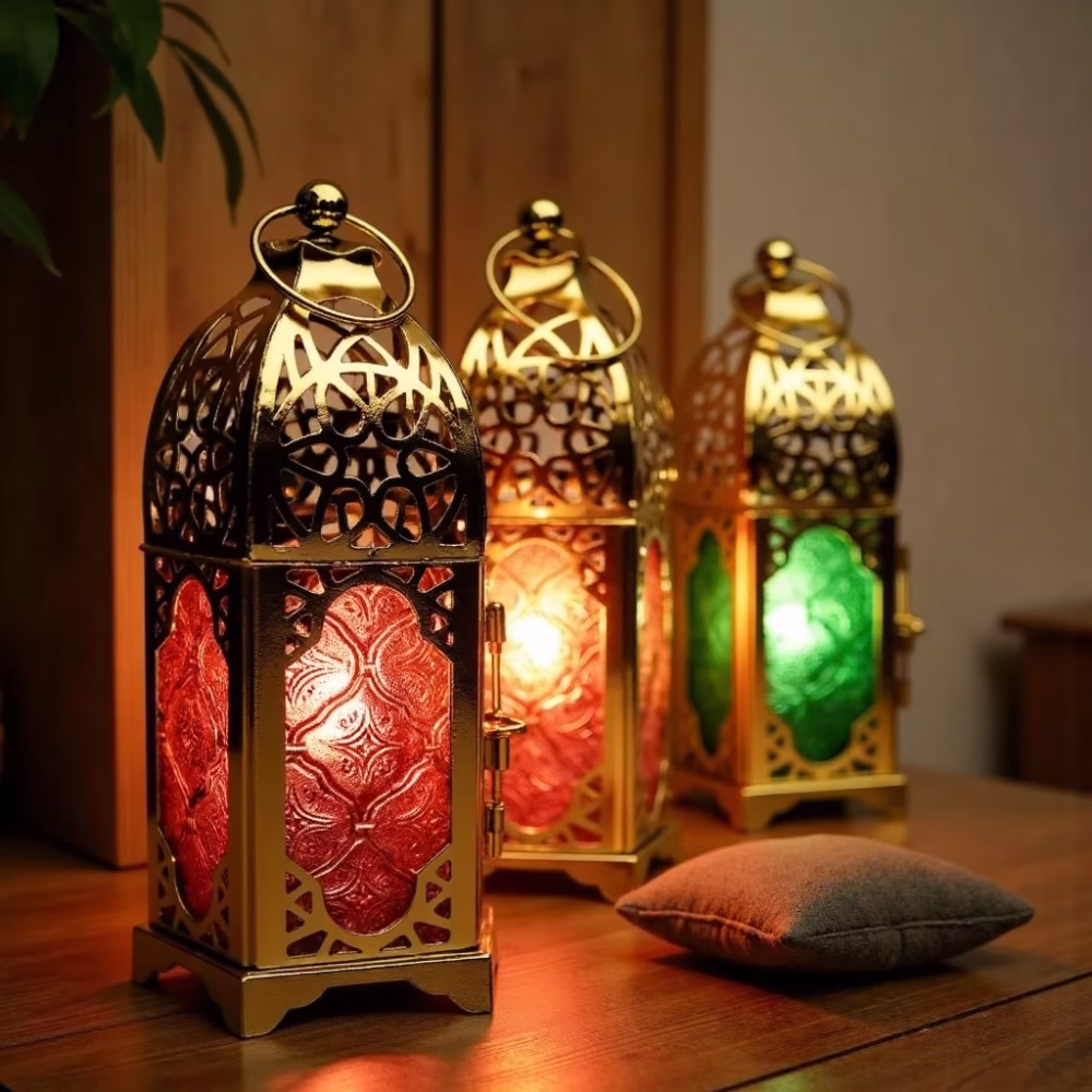 Set of 3 Moroccan Style Engraved Lantern Candle Holders in Gold Brass and Multicolor Glass