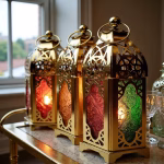 Set of 3 Moroccan Style Engraved Lantern Candle Holders in Gold Brass and Multicolor Glass
