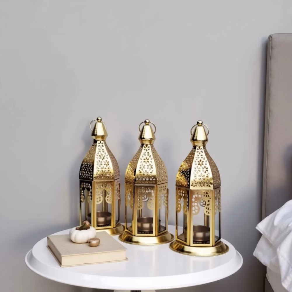 Set of 3 Moroccan Style Engraved Lantern Candle Holders in Gold Brass and Transparent Glass