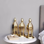 Set of 3 Moroccan Style Engraved Lantern Candle Holders in Gold Brass and Transparent Glass