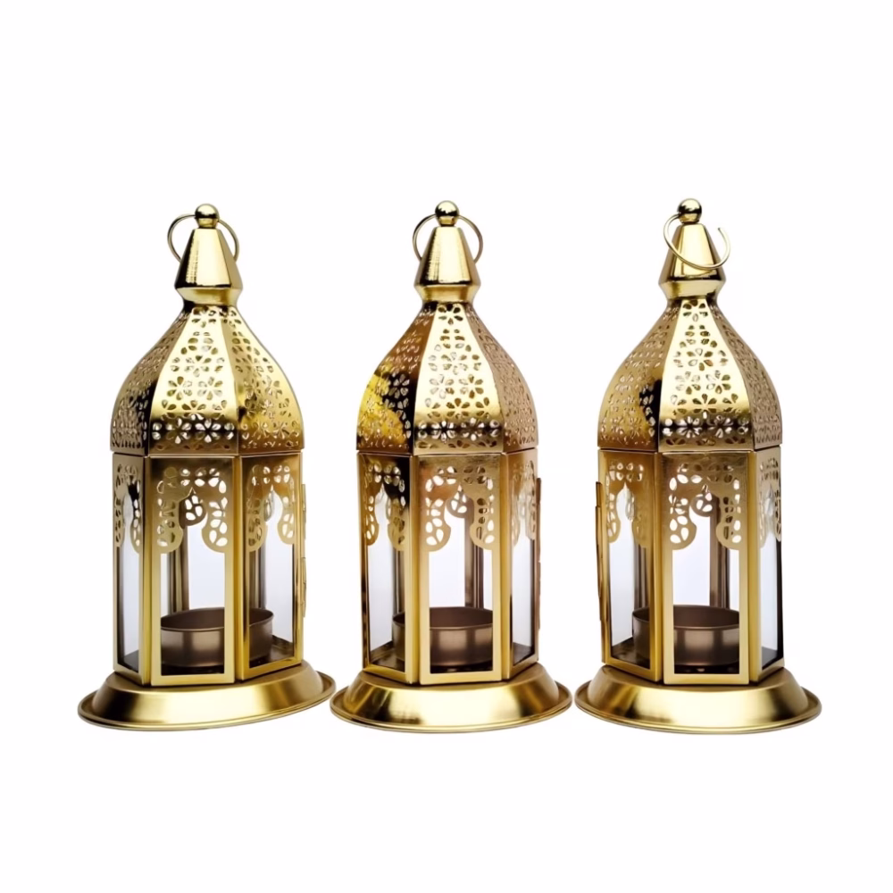 Set of 3 Moroccan Style Engraved Lantern Candle Holders in Gold Brass and Transparent Glass