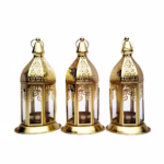 Set of 3 Moroccan Style Engraved Lantern Candle Holders in Gold Brass and Transparent Glass