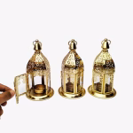 Set of 3 Moroccan Style Engraved Lantern Candle Holders in Gold Brass and Transparent Glass