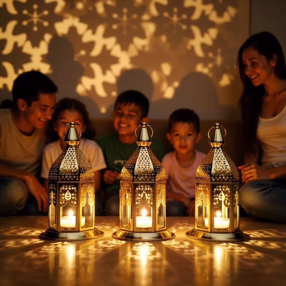 Set of 3 Moroccan Style Engraved Lantern Candle Holders in Gold Brass and Transparent Glass