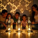 Engraved brass candle holders illuminated with tea lights creating shadow patterns in family room setting