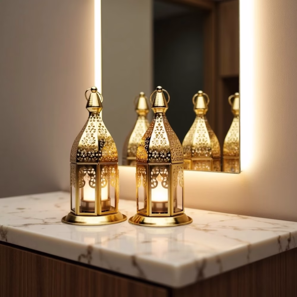 Set of 3 Moroccan Style Engraved Lantern Candle Holders in Gold Brass and Transparent Glass