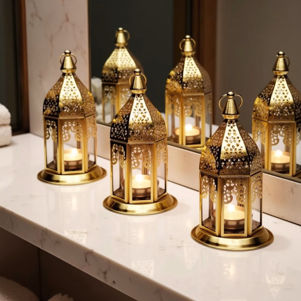 Set of 3 Moroccan Style Engraved Lantern Candle Holders in Gold Brass and Transparent Glass