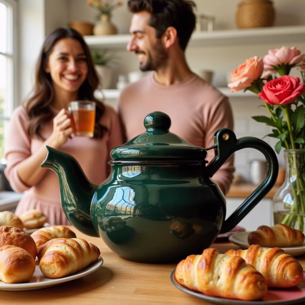 Green enameled teapot on table with fresh croissants and tea service