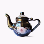 Handcrafted Moroccan enameled teapot with floral design in charcoal finish - side view